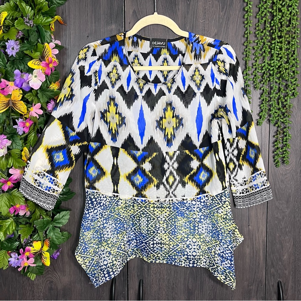 1🌼3/$30🌼Dejavu Sheer Printed 3/4 Sleeve Blouse Size Small